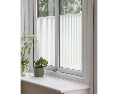 Fenêtre avec store plissé, décoration et rebord de fenêtre