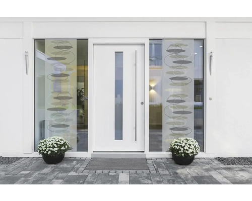 Porte d''entrée blanche avec élément en verre et fenêtres latérales avec film décoratif