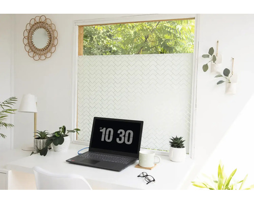 Espace de travail lumineux avec bureau, ordinateur portable, plantes et film de fenêtre pour plus d''intimité.