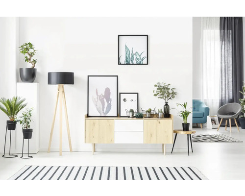 Salon lumineux avec buffet, lampadaire, plantes d''intérieur et décoration