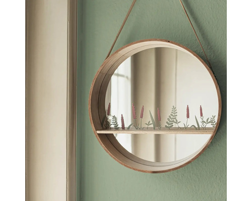 Miroir rond avec cadre en bois et tablette, suspendu à une lanière en cuir