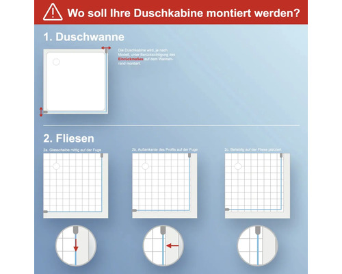 Anweisungen zur Montage einer Duschkabine: Duschwanne und Fliesen.