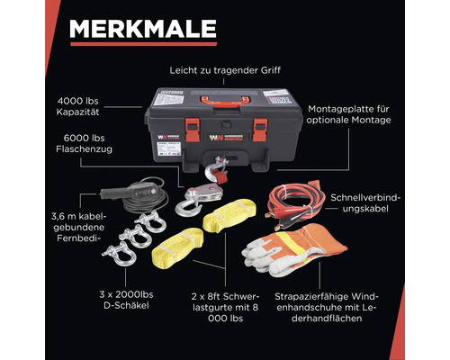 Kit d''accessoires pour treuil Warrior avec une capacité de 4000 lbs, un palan de 6000 lbs, une télécommande filaire de 3,6 mètres, trois manilles en D de 2000 lbs, deux sangles robustes de 8000 lbs et des gants de treuil durables avec paumes en cuir.