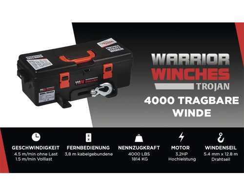 Treuil portable Warrior Winches Trojan 4000 avec accessoires dans une valise