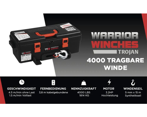 Treuil portable Warrior Winches Trojan 4000 avec accessoires dans un boîtier noir