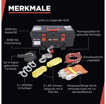 Caractéristiques du produit Warrior Winch : capacité de 4 000 lb, palan de 6 000 lb, plaque de montage, télécommande filaire, manilles en D, sangles robustes, gants de treuil