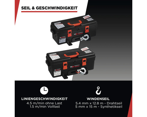 Deux treuils électriques portables dans un boîtier noir avec des accents orange