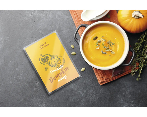 Dekoratives Menü, Kürbissuppe, Kürbis und Kräuter auf dunklem Grund