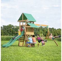 Spielplatz mit Rutsche, Schaukeln und Picknicktisch für Kinder im Garten