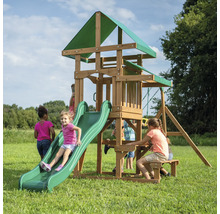 Spielplatz aus Holz mit Rutsche und Schaukel für Kinder im Garten