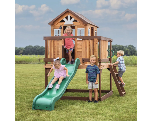 Spielhaus Spielturm Backyard DISCOVERY 310 x 190 cm Holz braun, weiß bestehend aus Grundturm, Rutsche grün Spielhaus aus Holz mit Rutsche und Leiter für Kinder im Garten