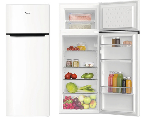 Réfrigérateur Amica avec porte ouverte, rempli de nourriture.