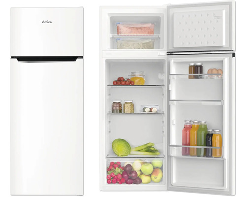 Amica Kühlschrank mit geöffneter Tür und Lebensmitteln
