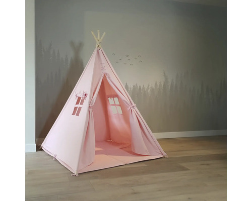 Tente de jeu rose pour enfants avec fenêtres et poutres en bois
