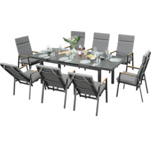 Table de jardin avec huit chaises et coussins gris