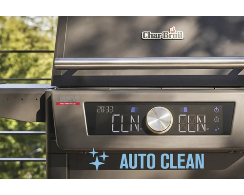 Logo Char-Broil. Vue détaillée d''un gril à gaz avec affichage numérique et fonction autonettoyante.