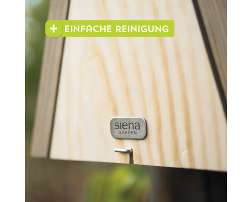 Detailansicht eines Insektenhotels mit dem Hinweis einfache Reinigung und dem Siena Garden Logo
