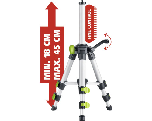Stativ mit einer minimalen Höhe von 18 Zentimetern und einer maximalen Höhe von 45 Zentimetern.