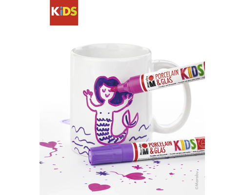 Weisse Tasse mit Meerjungfrau bemalt mit Porzellan- und Glasmalstiften