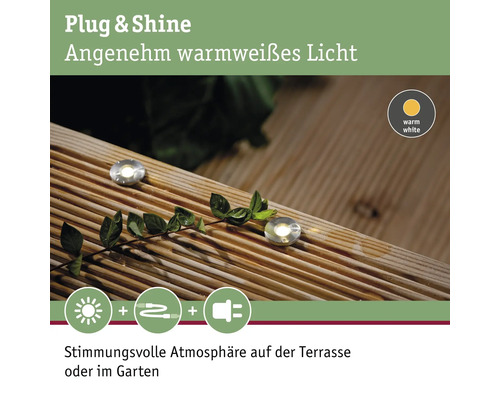 Éclairage de terrasse Plug and Shine avec lumière blanche chaude pour une ambiance chaleureuse sur la terrasse ou dans le jardin.