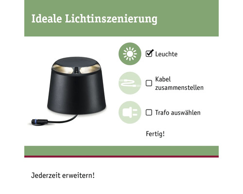 Abbildung einer schwarzen Gartenleuchte und Informationen zur Installation.