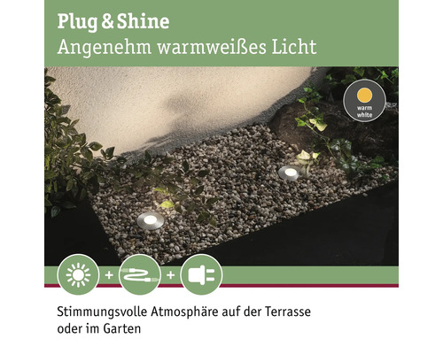 Plug and Shine Éclairage de jardin avec lumière blanche chaude pour terrasse ou jardin