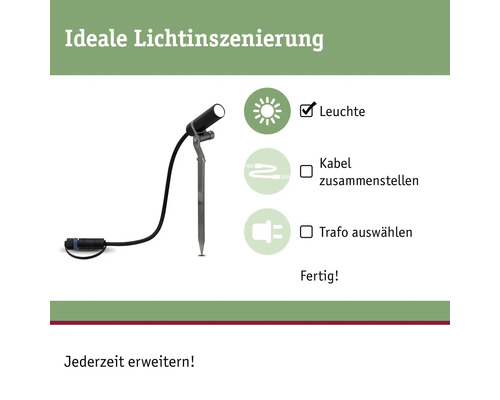 Aperçu de l''installation d''un spot de jardin avec lampe, câble et transformateur.