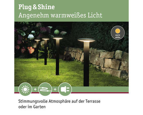 Mehrere Gartenleuchten mit warmweissem Licht beleuchten einen Garten.