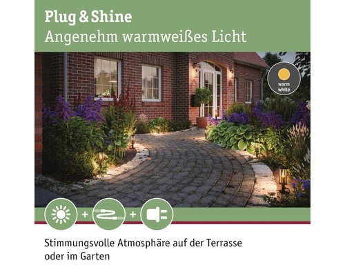 Aussenbereich mit Pflasterweg und Gartenbeleuchtung für stimmungsvolle Atmosphäre
