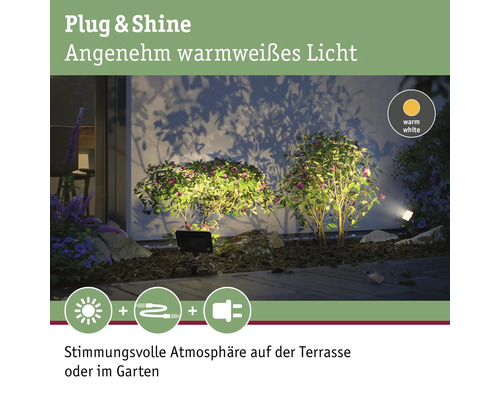 Jardin avec des luminaires Plug and Shine blanc chaud pour une ambiance agréable