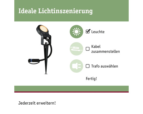 Gartenleuchte mit Erdspieß und Hinweisen zur Installation.