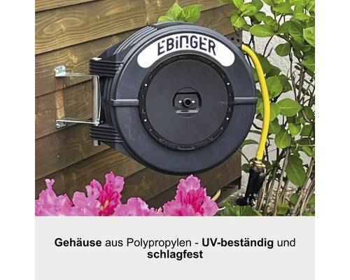 Ebingers Schlauchbox mit gelbem Schlauch an der Wand montiert