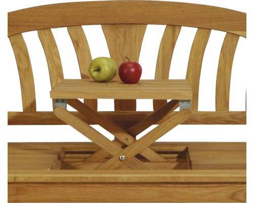 Banc de jardin en bois avec table pliante intégrée et deux pommes