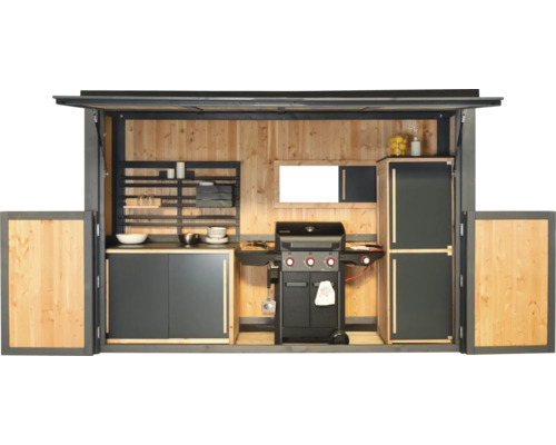 Grillküche mit Grill, Arbeitsflächen, Schränken und Regalen