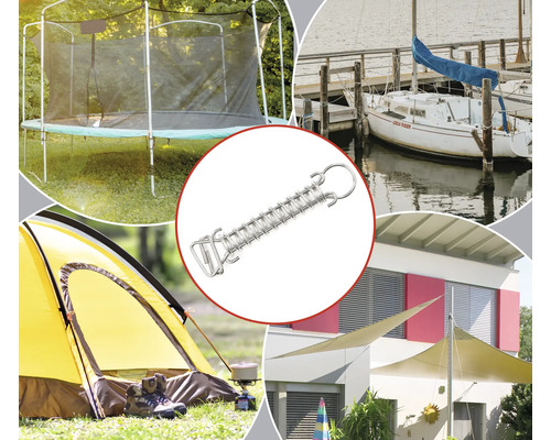 Exemples d''utilisation d''un ressort de traction avec œillets pour trampoline, tente, voile d''ombrage et bateau