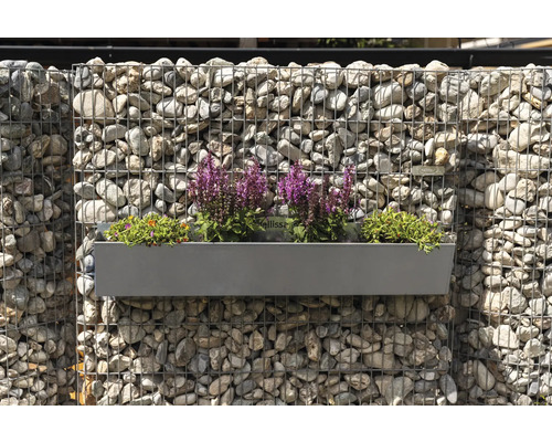 Gabionenwand mit bepflanztem Blumenkasten