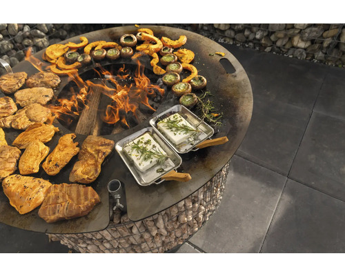 Gril avec viande, légumes et feta sur feu ouvert