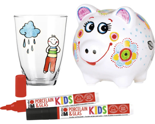 Bemalter Glasbecher und Sparschwein mit Porzellan- und Glasmalstiften