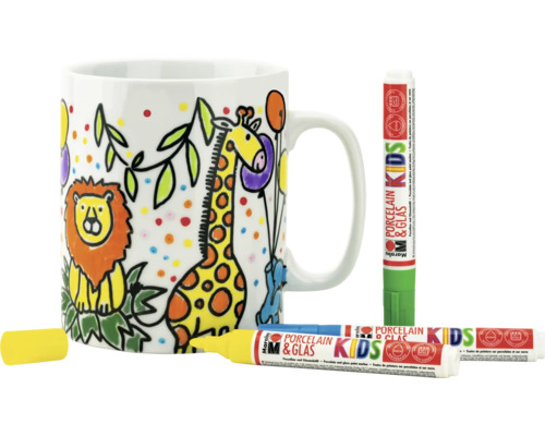 Tasse mit Tiermotiven und Porzellanstifte