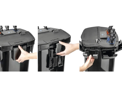 Filtre externe d''aquarium en trois vues avec masses filtrantes et main