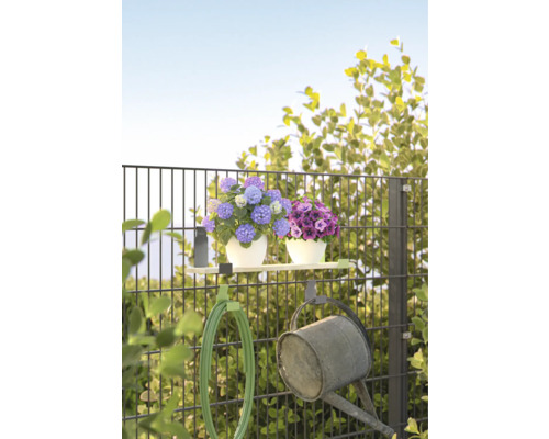 Clôture de jardin avec fleurs, tuyau d''arrosage et arrosoir