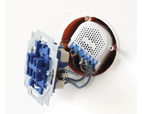 Aufputz-Schalter mit elektronischen Bauteilen und Verkabelung in Wanddose