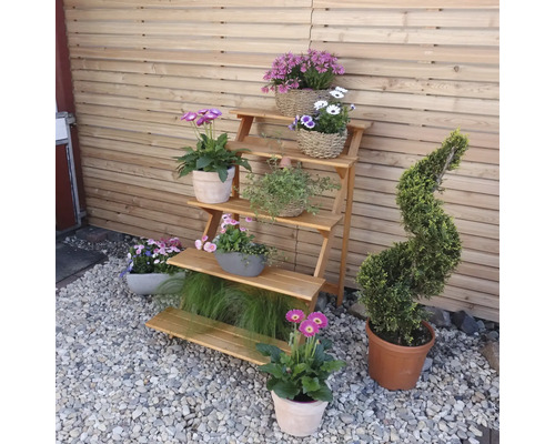 Étagère à fleurs en bois avec différents pots de fleurs dans le jardin