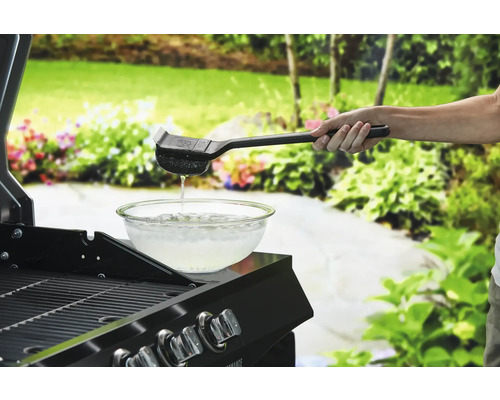 Une personne nettoie une grille de barbecue avec une brosse au-dessus d''un bol d''eau.