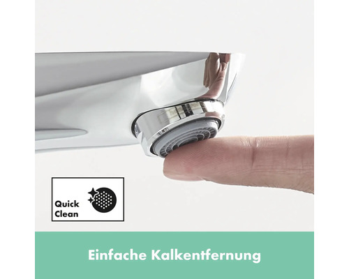 Wasserhahn mit Quick Clean Funktion und Symbol für einfache Kalkentfernung