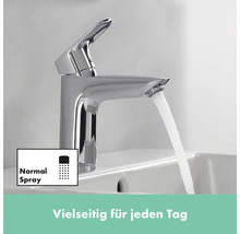 Verchromter Waschtischmischer mit Wasserfluss und Symbol für Normalstrahl.