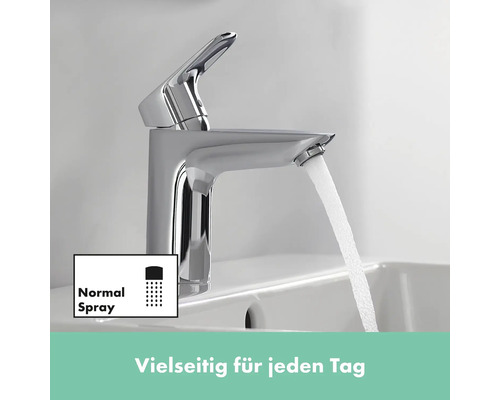 Verchromter Waschtischmischer mit Wasserfluss und Symbol für Normalstrahl.