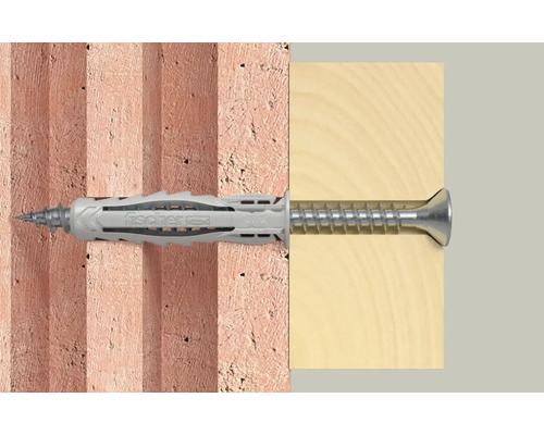 Cheville Fischer avec vis dans un mur et un morceau de bois