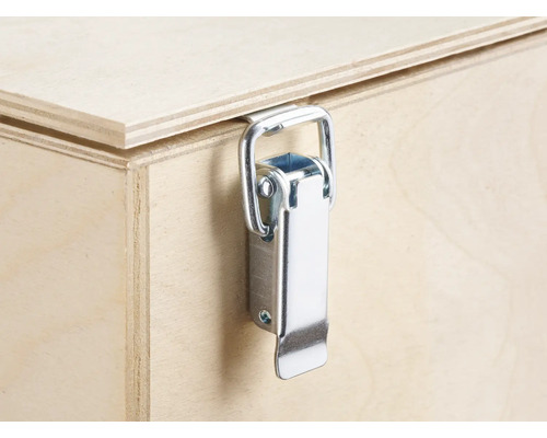 Detailansicht eines Holzkastens mit Metallverschluss