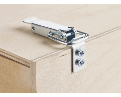 Metall-Spannverschluss auf Holzkiste montiert